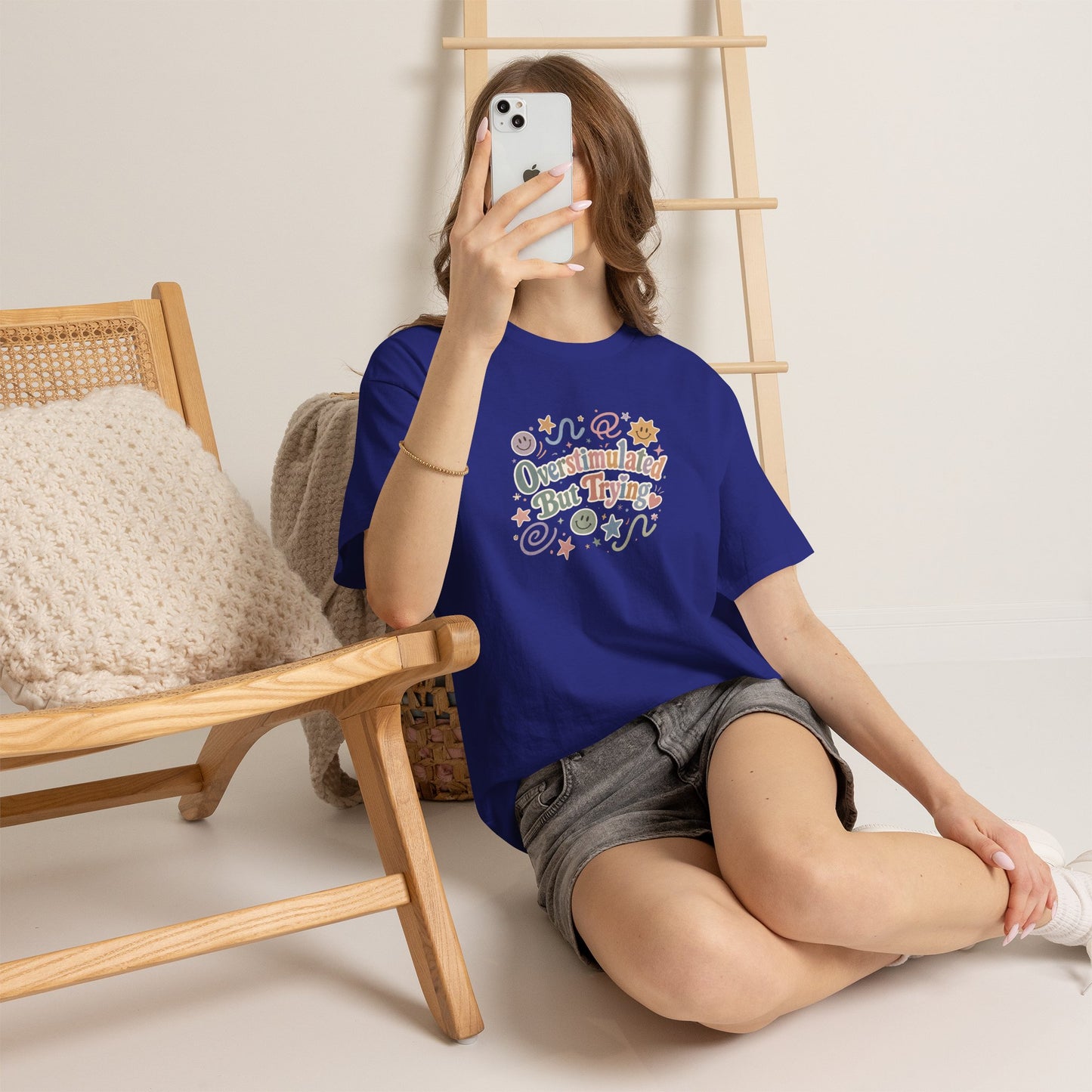 Overstimulated But Trying tee | Funny Mental Health Shirt, Cute Retro Doodles