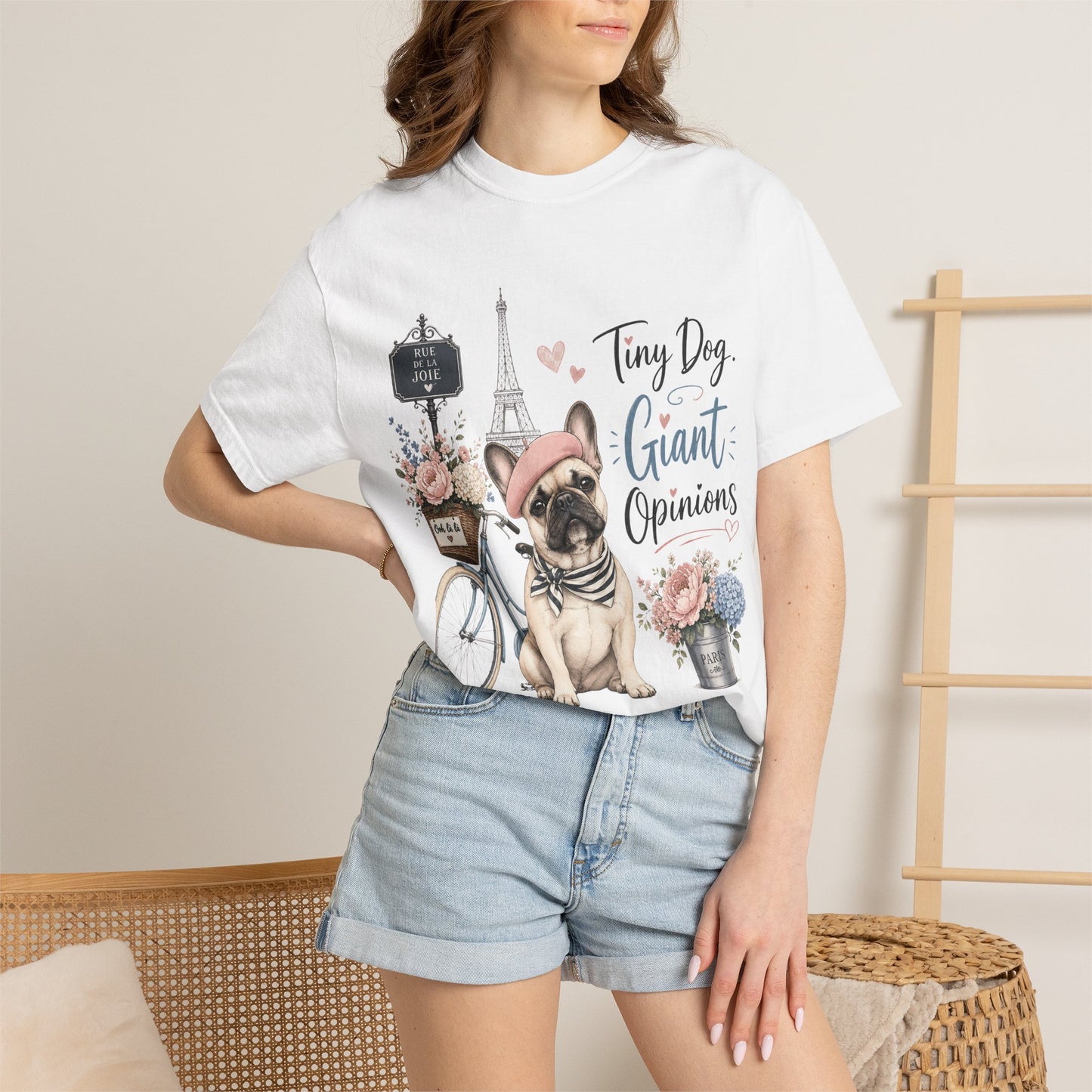 Tiny Dog, Giant Opinions T-shirt | French Bulldog Paris Design