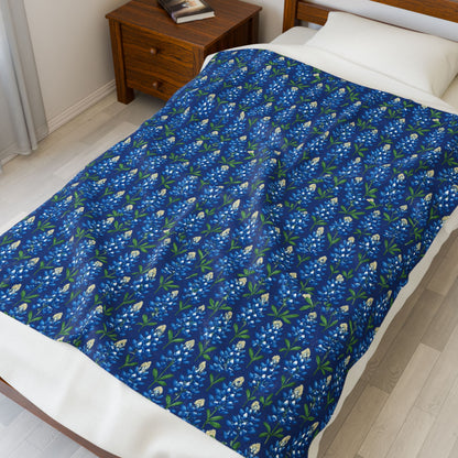 Velveteen Plush Blanket - Texas Bluebonnet Navy Blanket, Warm Cozy Throw, Home Decor Accent, Gift for Her, Floral Pattern Bedding, Soft Sofa