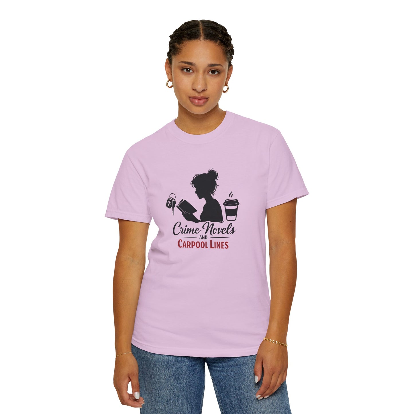 Crime Novels and Carpool Lines T-shirt | Reading Mom Silhouette, Coffee Graphic