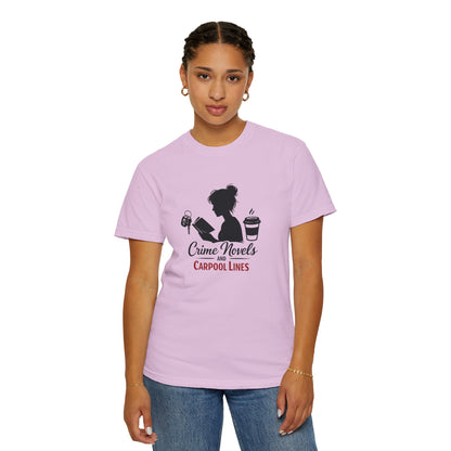 Crime Novels and Carpool Lines T-shirt | Reading Mom Silhouette, Coffee Graphic