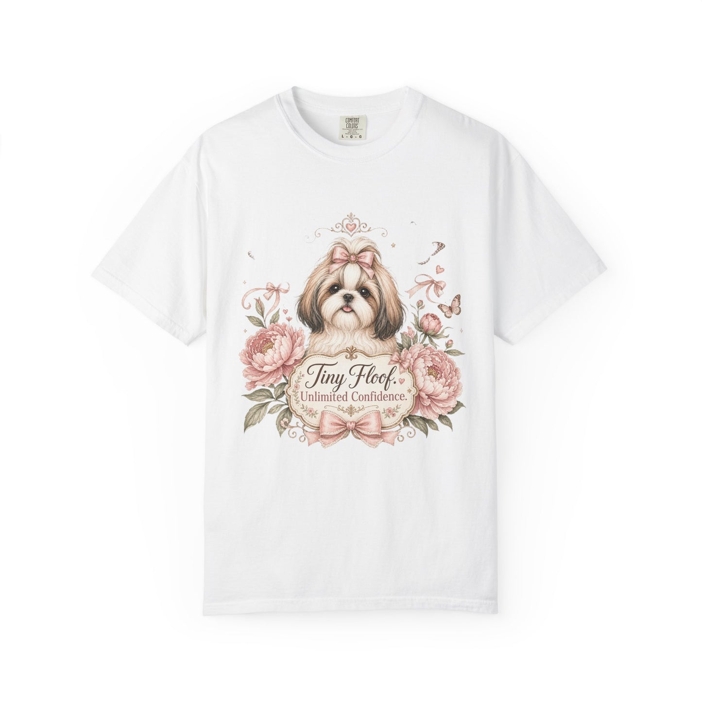Shih Tzu Floral Portrait T-Shirt | Tiny Floof Illustration, Pink Roses