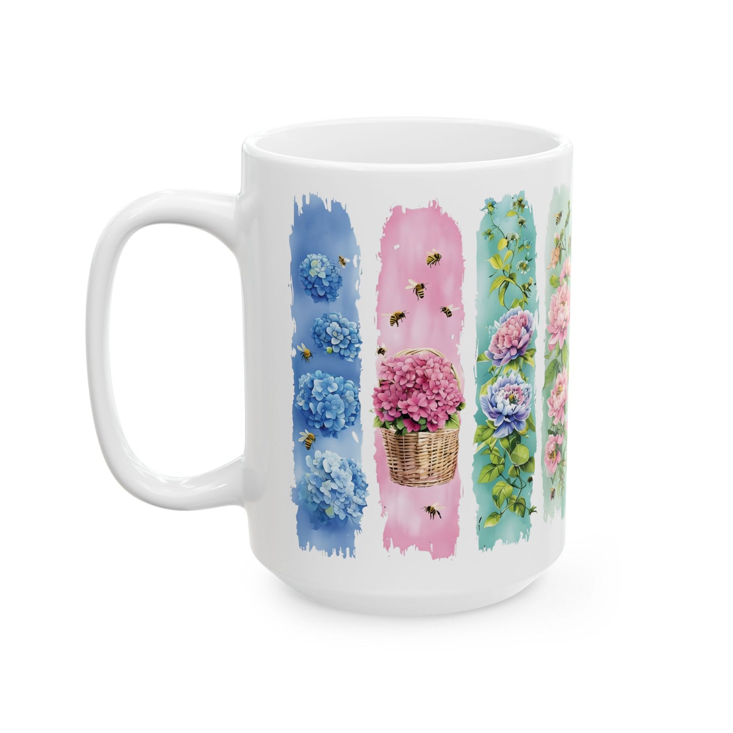 Watercolor Floral Strips Mug | Pink Peonies Blue Hydrangea Ceramic Mug