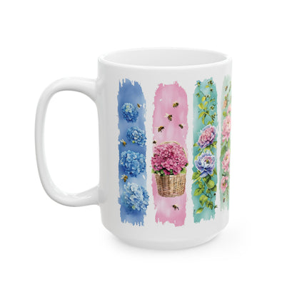 Watercolor Floral Strips Mug | Pink Peonies Blue Hydrangea Ceramic Mug