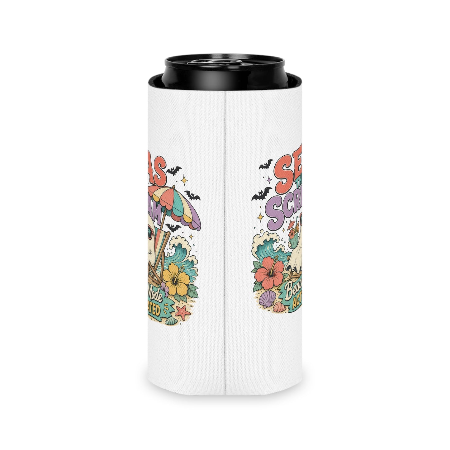 Seas the Scream ghost beach scene Can Cooler | Beach Mode Activated, Tropical Flowers