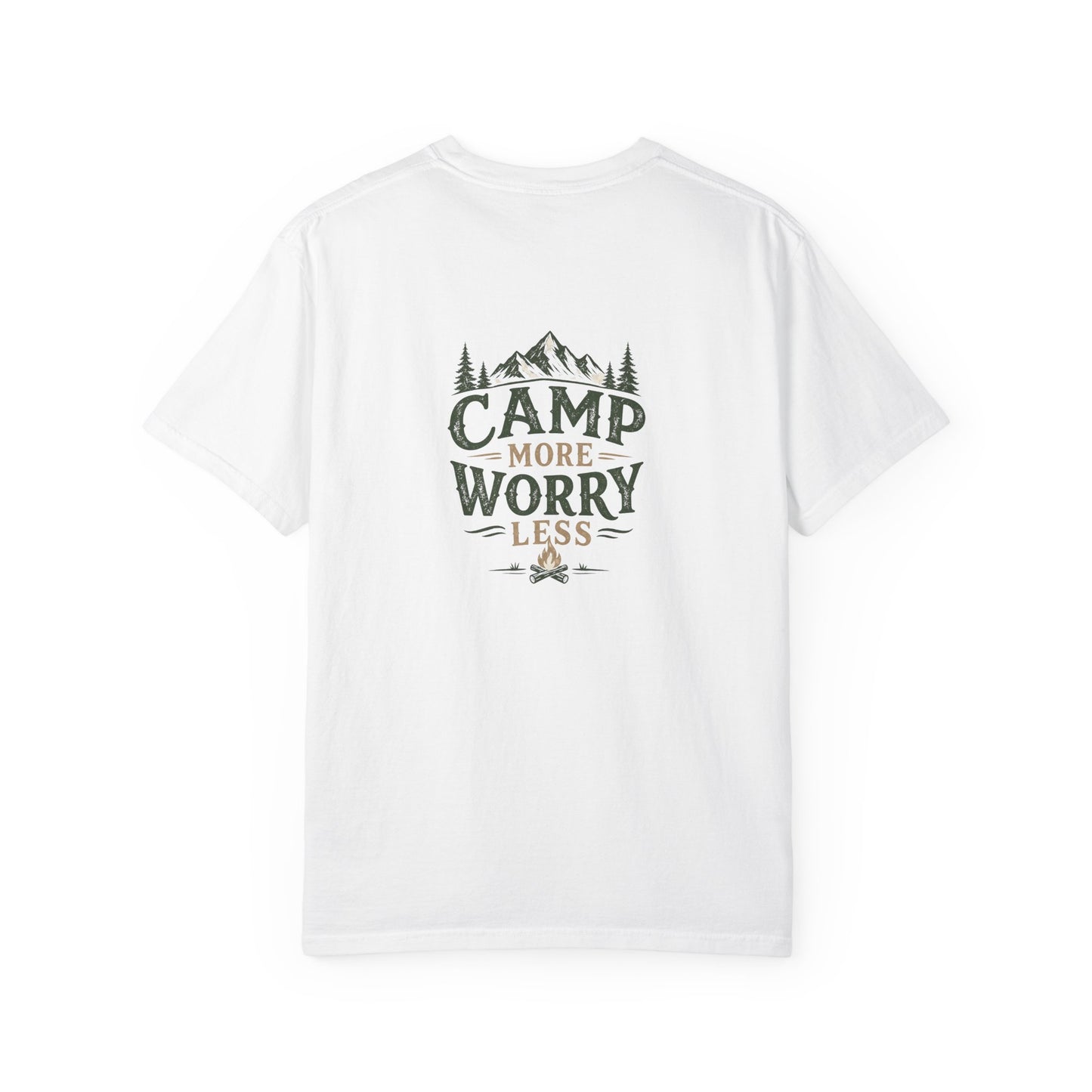 Camp More Worry Less T-shirt | Camping Mountains Pine Trees Design