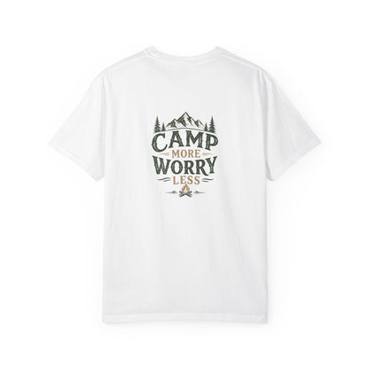 Camp More Worry Less T-shirt | Camping Mountains Pine Trees Design