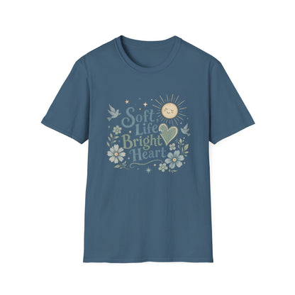 Soft Life Bright Heart T-Shirt | sun, doves, floral graphic