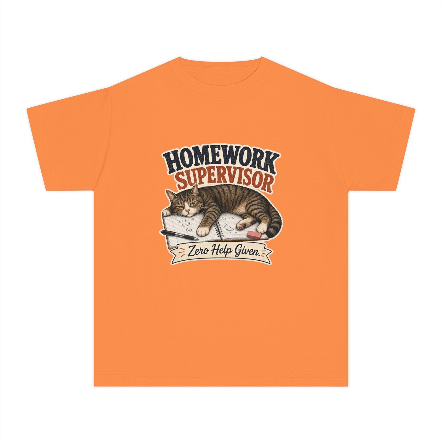Homework Supervisor Cat Youth Tee | "Zero Help Given" retro kitten design