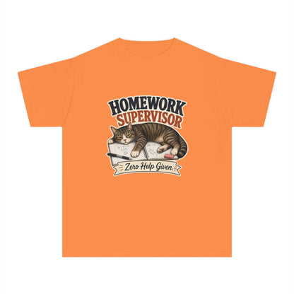 Homework Supervisor Cat Youth Tee | "Zero Help Given" retro kitten design