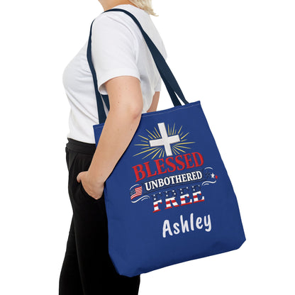 Blessed Unbothered Free Cross tote bag | patriotic faith design