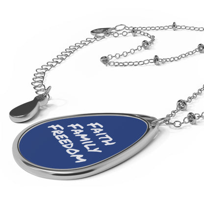 Faith Family Freedom Oval Necklace | Teardrop Pendant, Blue Enamel