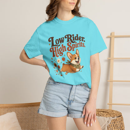 Low Rider High Spirits Corgi T-Shirt | Running Corgi Illustration, Autumn Leaves