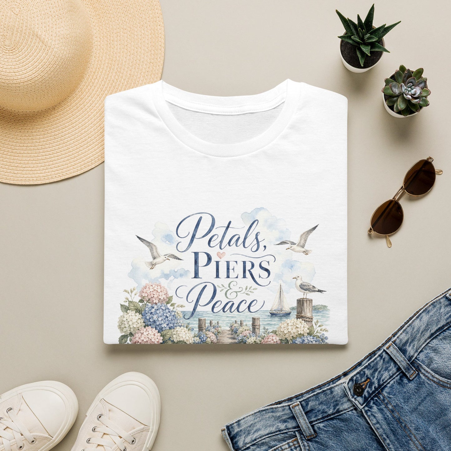 Petals Piers Peace T-Shirt | Coastal Lighthouse Floral Seagulls Design