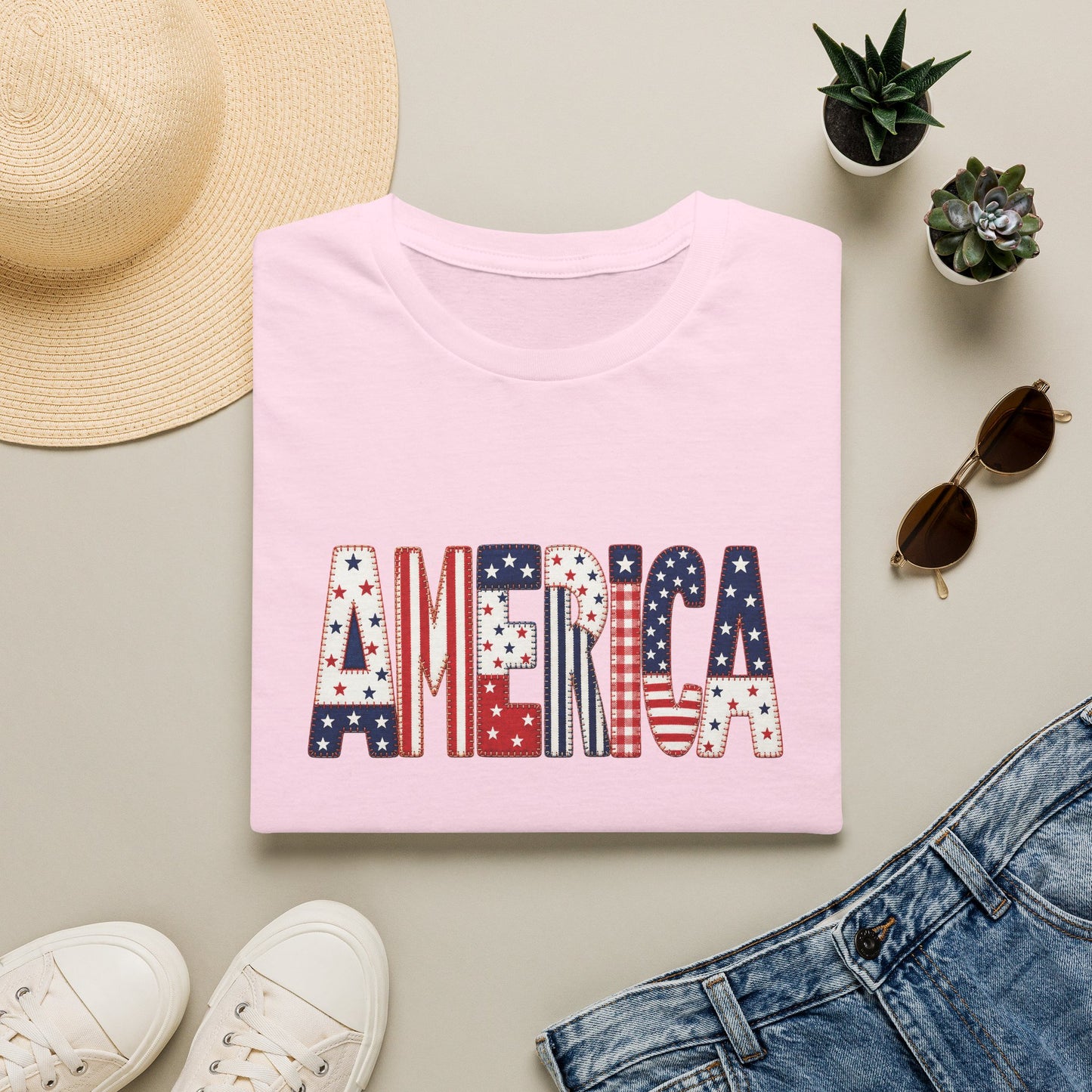 American Flag Patchwork Style Letters T-Shirt | Patriotic Fourth of July Tee