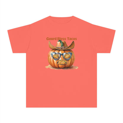 Whimsical Fall Youth Tee - Gourd Bless Tacos, Halloween Shirt, Kids Autumn Apparel, Thanksgiving Humor Top, Funny Seasonal Gift
