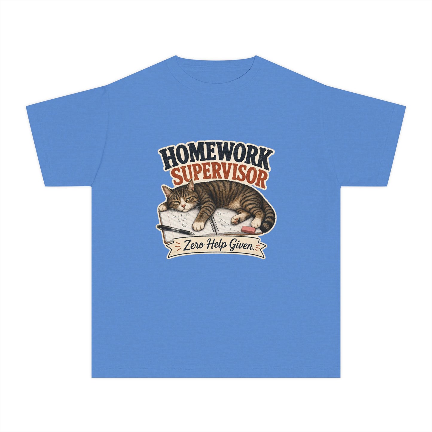 Homework Supervisor Cat Youth Tee | "Zero Help Given" retro kitten design