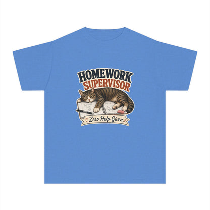 Homework Supervisor Cat Youth Tee | "Zero Help Given" retro kitten design