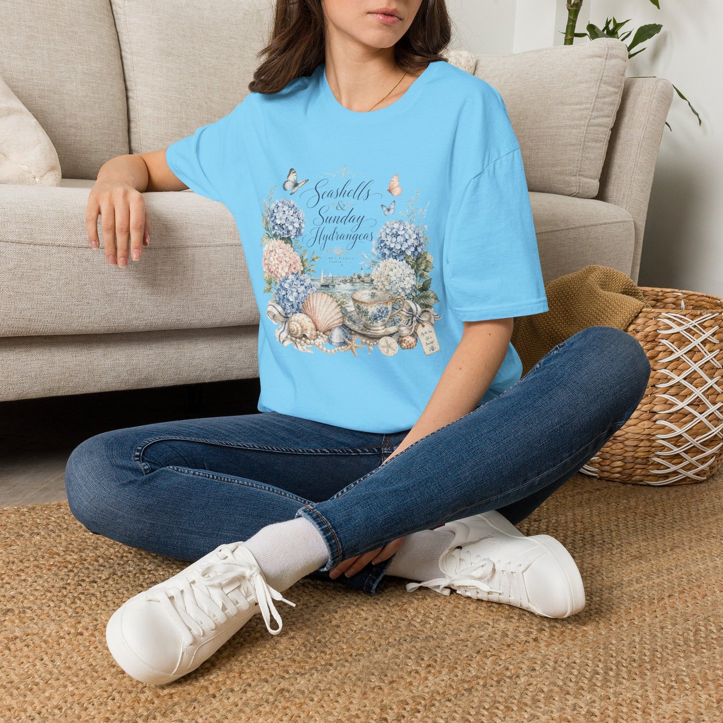 Seashells & Sunday Hydrangeas T-Shirt | Floral Coastal Cottage Shirt