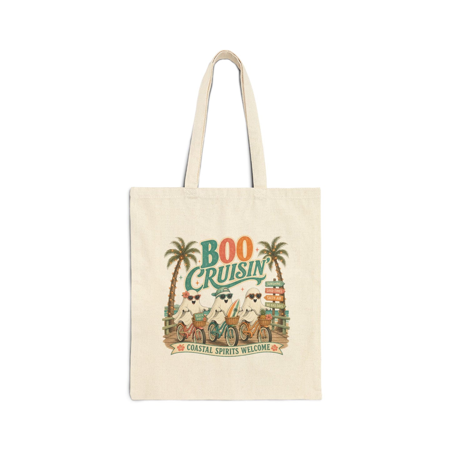 Boo Cruisin' ghost beach scene Tote | Halloween coastal spooky palm trees