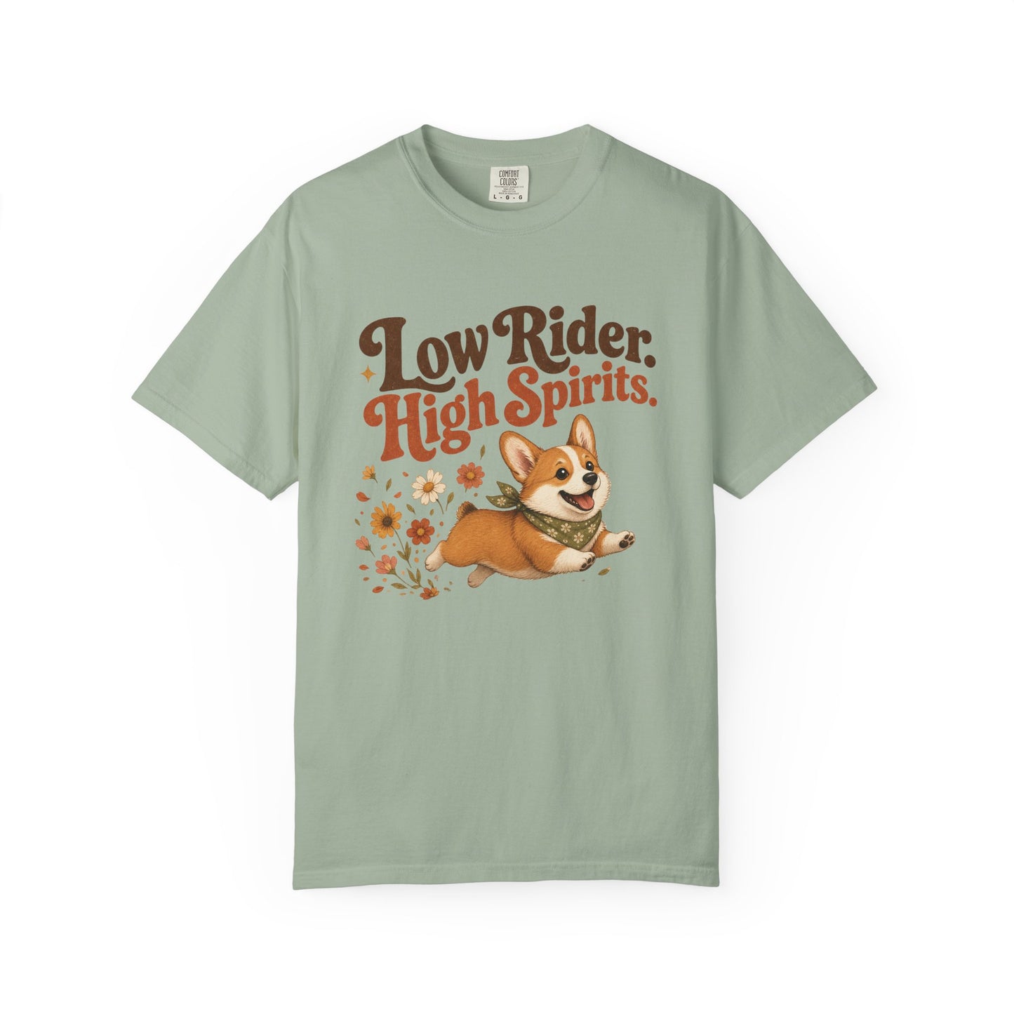 Low Rider High Spirits Corgi T-Shirt | Running Corgi Illustration, Autumn Leaves