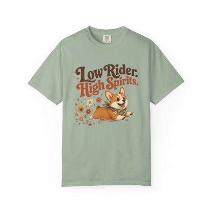 Low Rider High Spirits Corgi T-Shirt | Running Corgi Illustration, Autumn Leaves