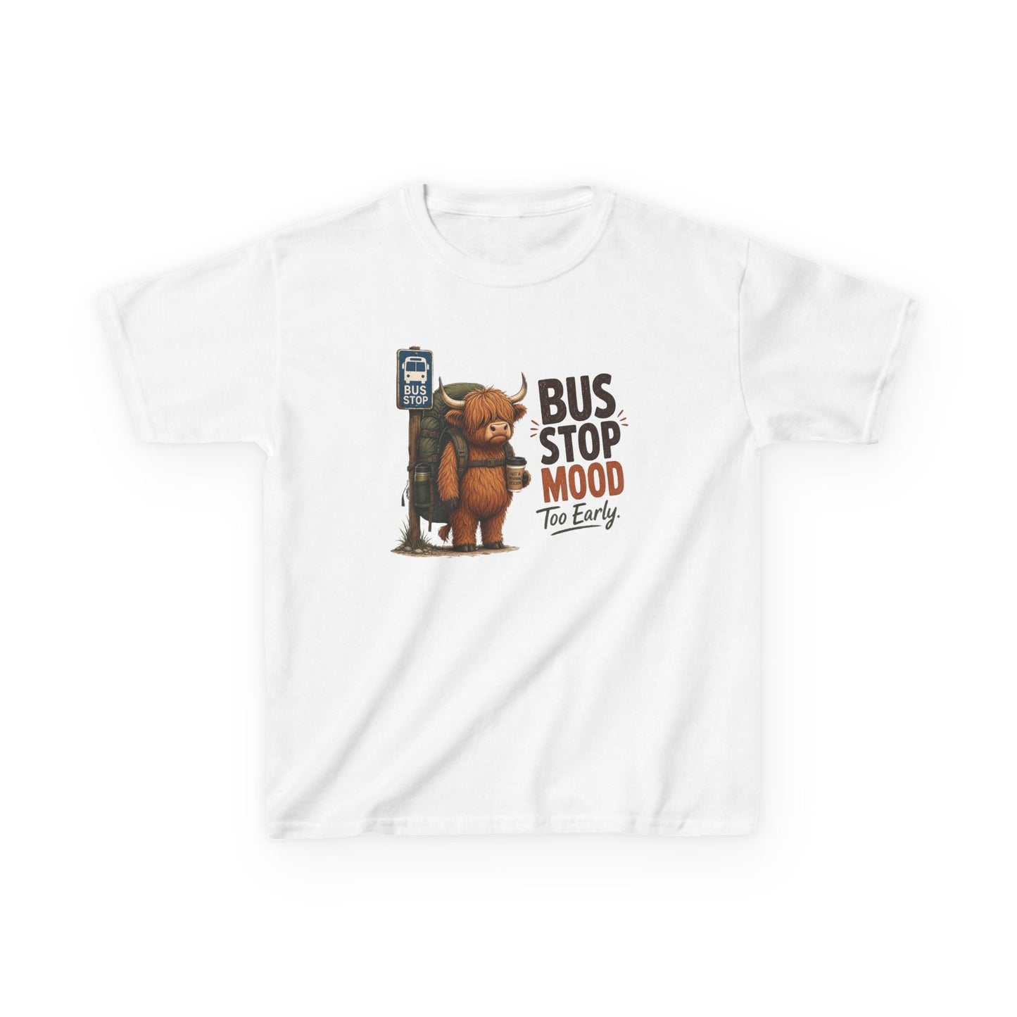 Bus Stop Mood Kids Tee | Grumpy Highland Cow Illustration, Funny Morning Shirt
