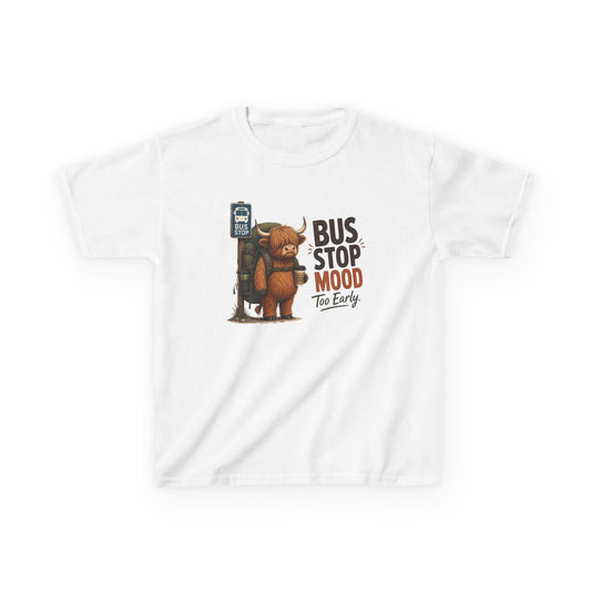 Bus Stop Mood Kids Tee | Grumpy Highland Cow Illustration, Funny Morning Shirt