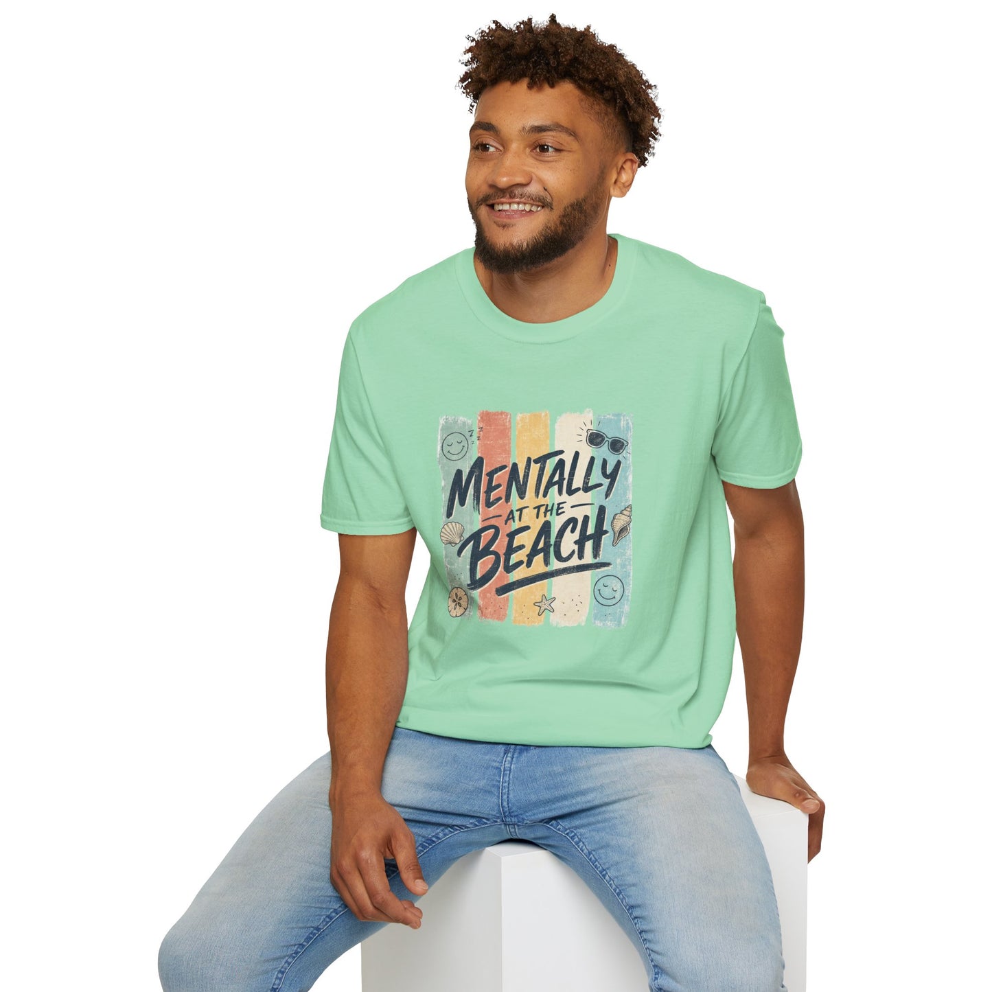 Mentally at the Beach T-Shirt | Retro Stripes, Sunglasses & Seashells