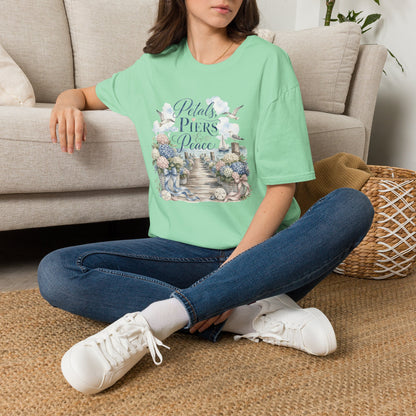 Petals Piers Peace T-Shirt | Coastal Lighthouse Floral Seagulls Design