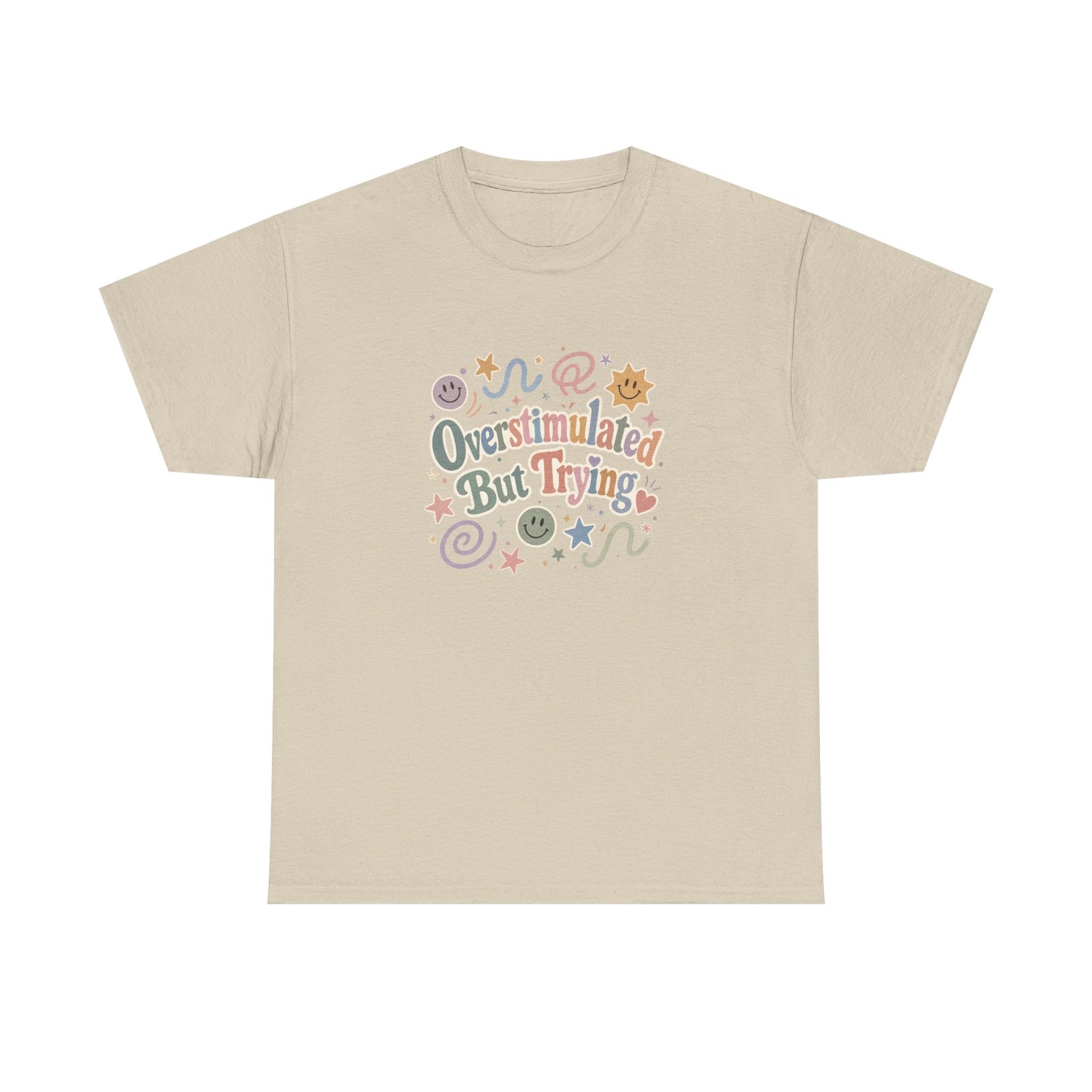 Overstimulated But Trying tee | Funny Mental Health Shirt, Cute Retro Doodles