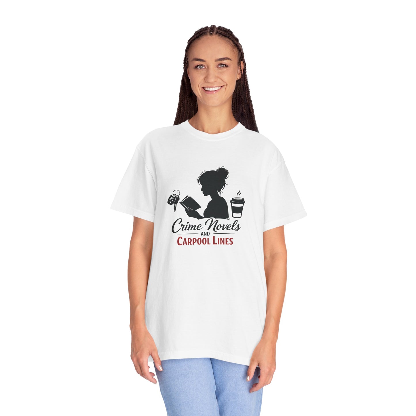 Crime Novels and Carpool Lines T-shirt | Reading Mom Silhouette, Coffee Graphic