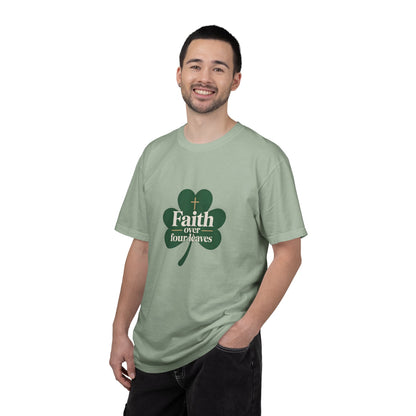 Faith Over Four Leaves T-shirt | Shamrock Christian Inspiration
