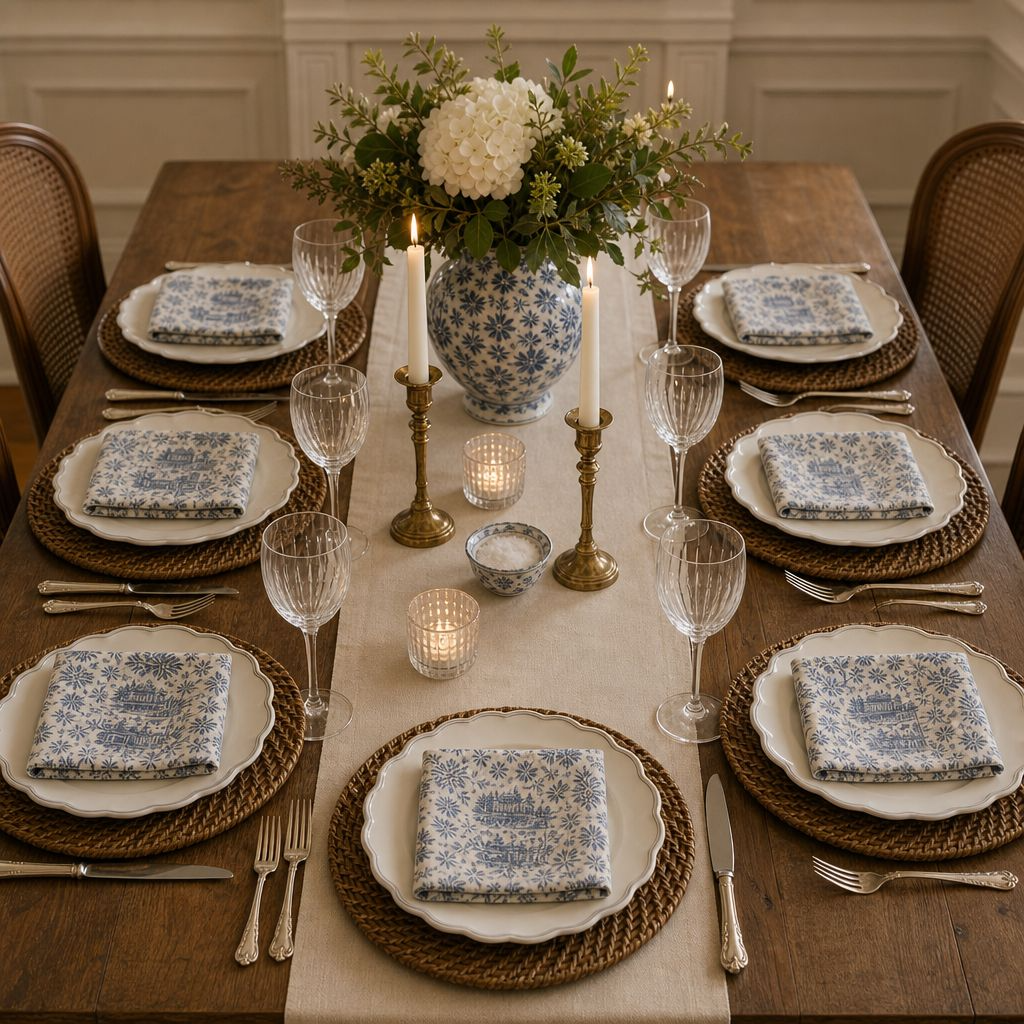 French Harvest Toile Landscape Pattern Cotton Napkin | Table Linen