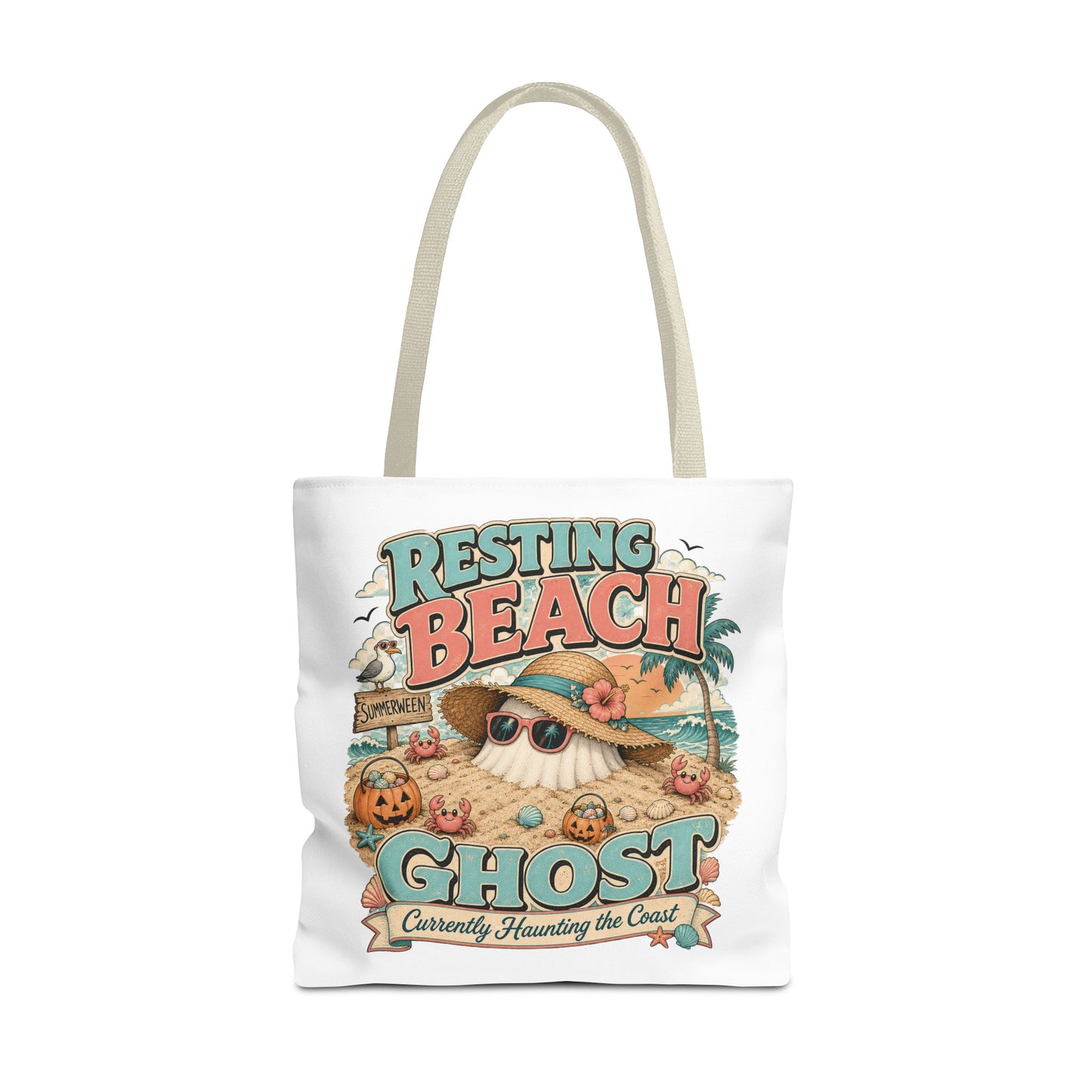 Resting Beach Ghost Tote Bag | Cute Halloween Beach Ghost Illustration