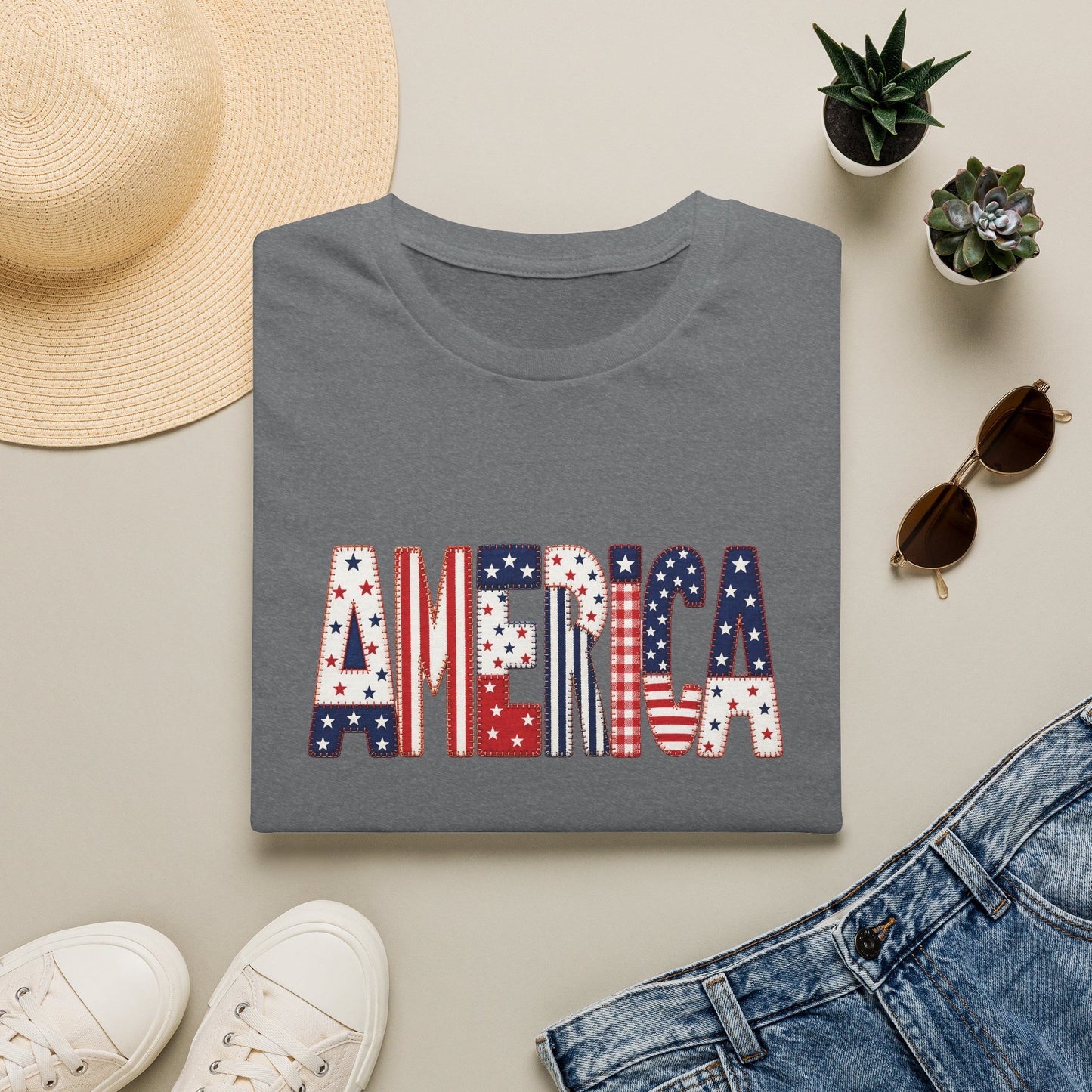American Flag Patchwork Style Letters T-Shirt | Patriotic Fourth of July Tee