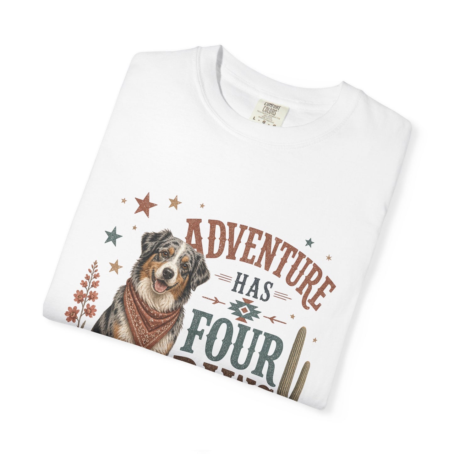 Adventure Has Four Paws T-Shirt | Australian Shepherd Design