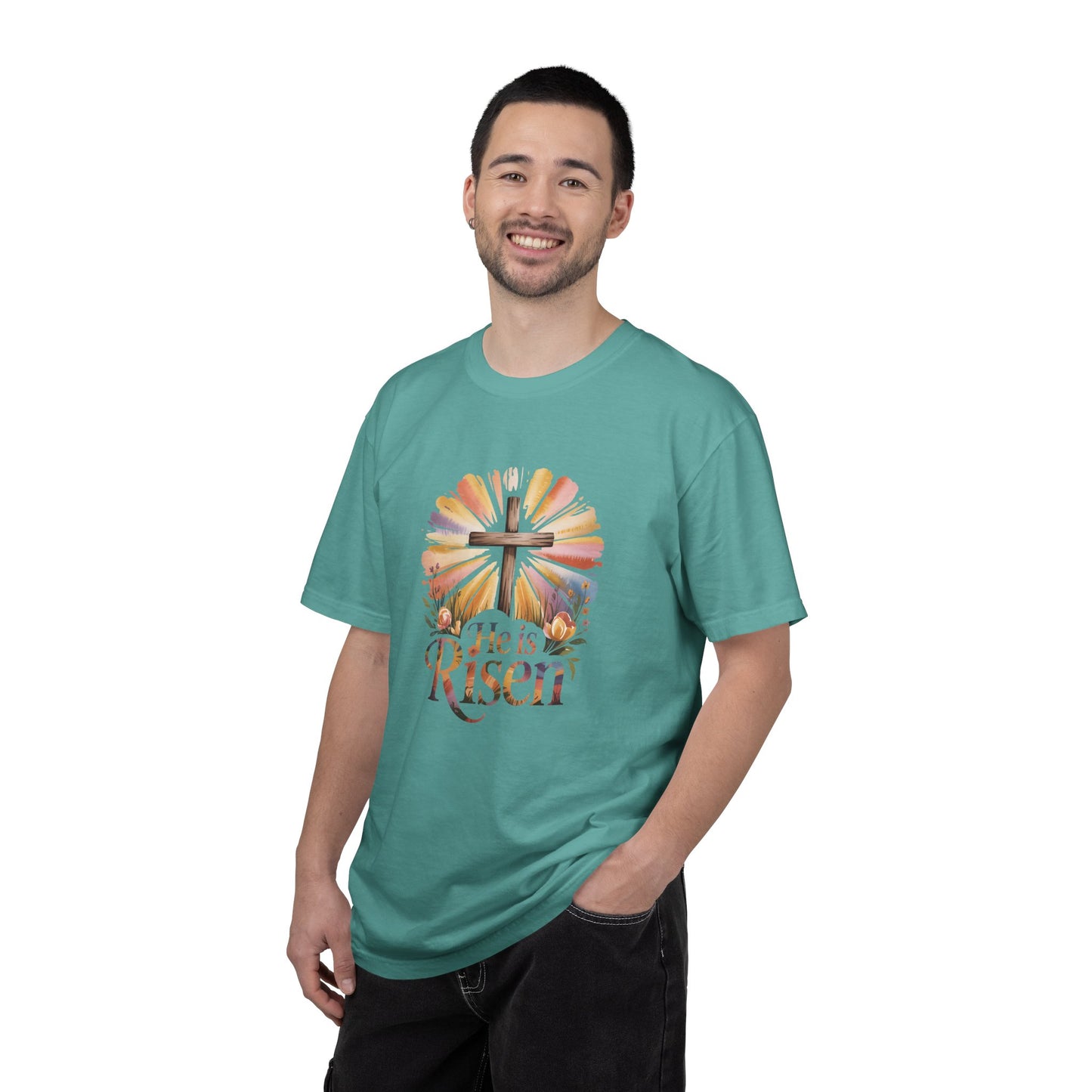 He Is Risen cross sunrise design T-Shirt | Easter faith floral