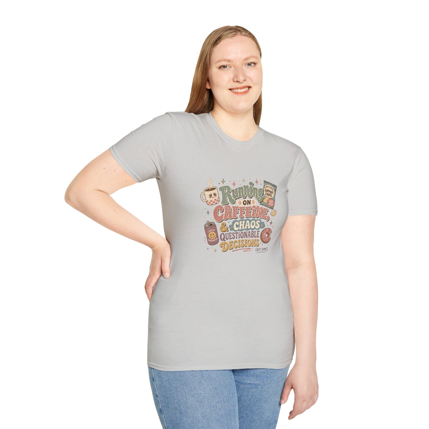 Running on Caffeine & Chaos T-Shirt | Coffee Mug Donut Illustration