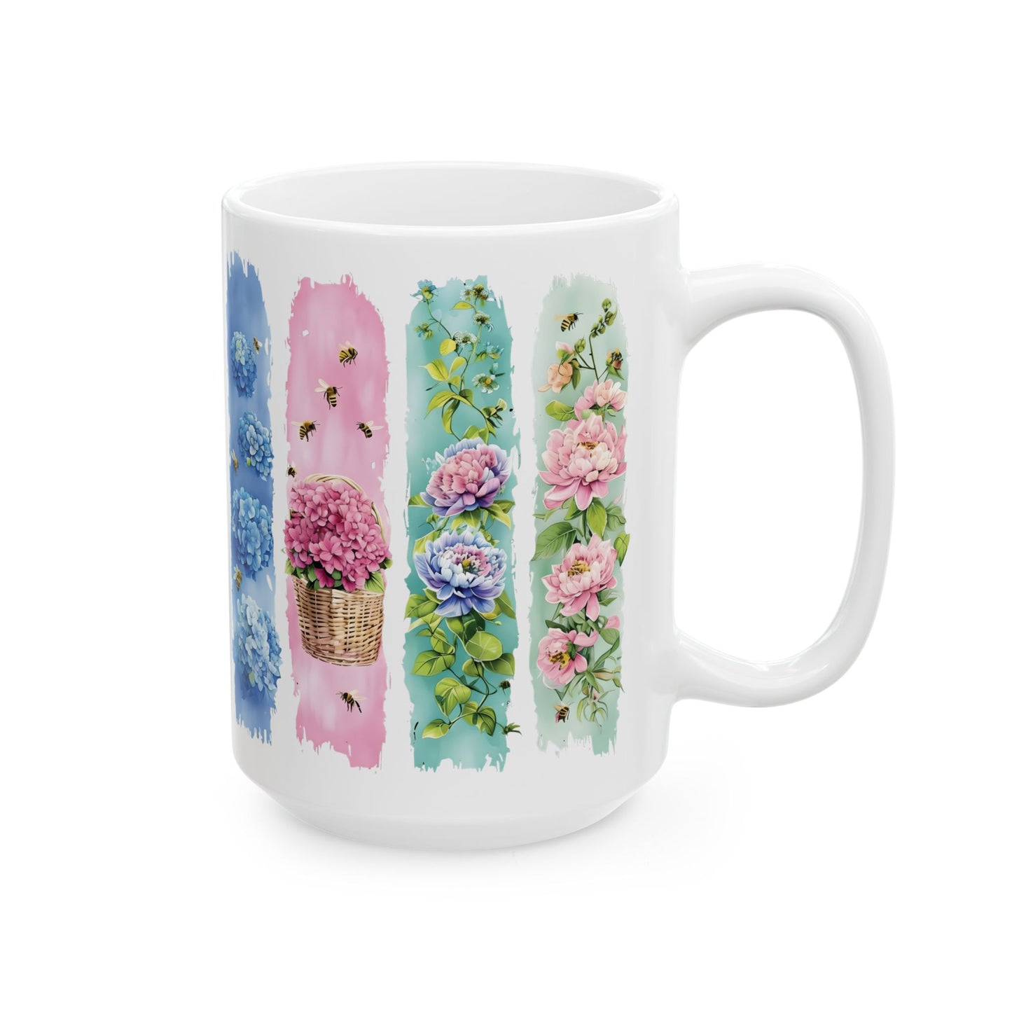 Watercolor Floral Strips Mug | Pink Peonies Blue Hydrangea Ceramic Mug