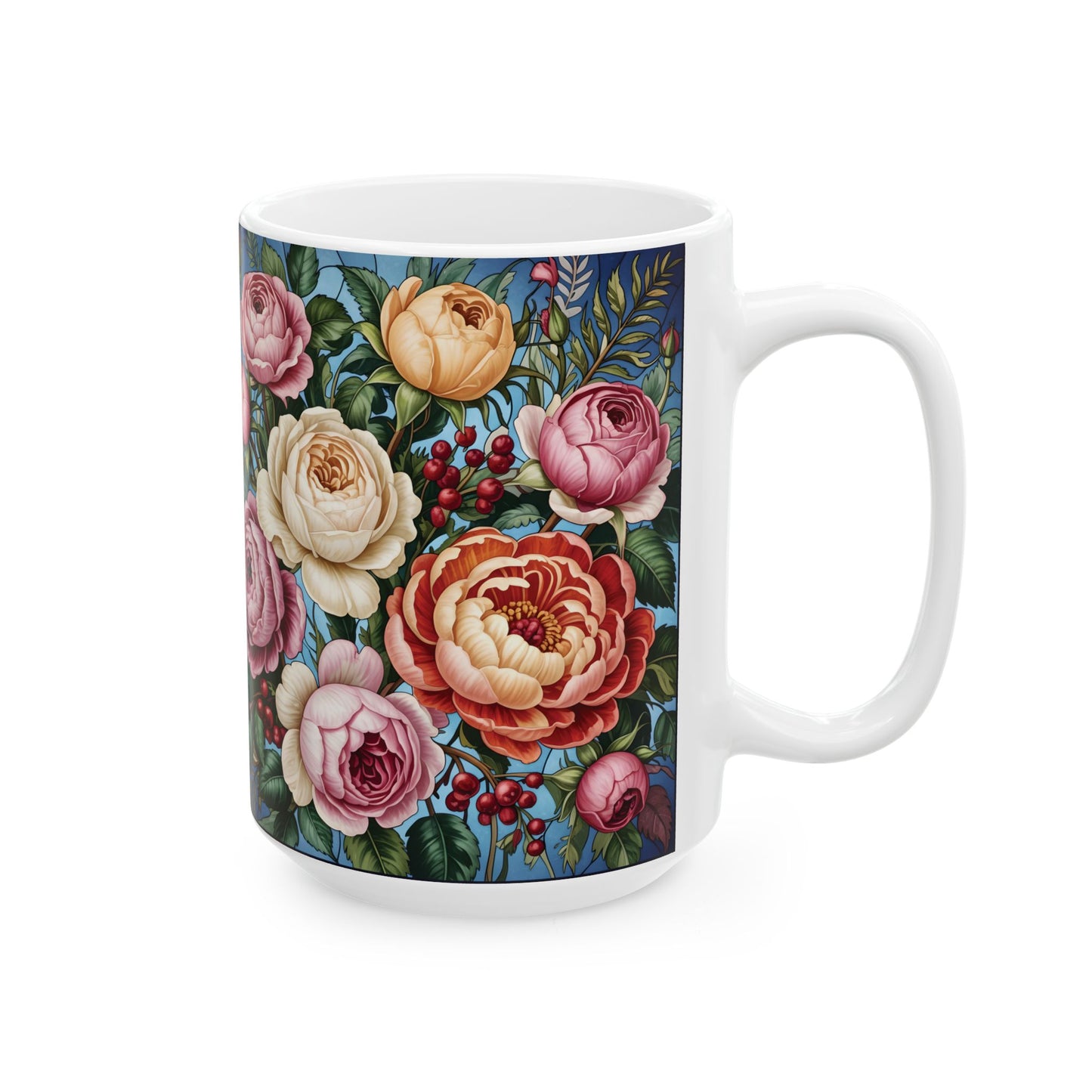 Vintage Rose Floral Pattern Mug | Ceramic Coffee Cup, Botanical Peonies