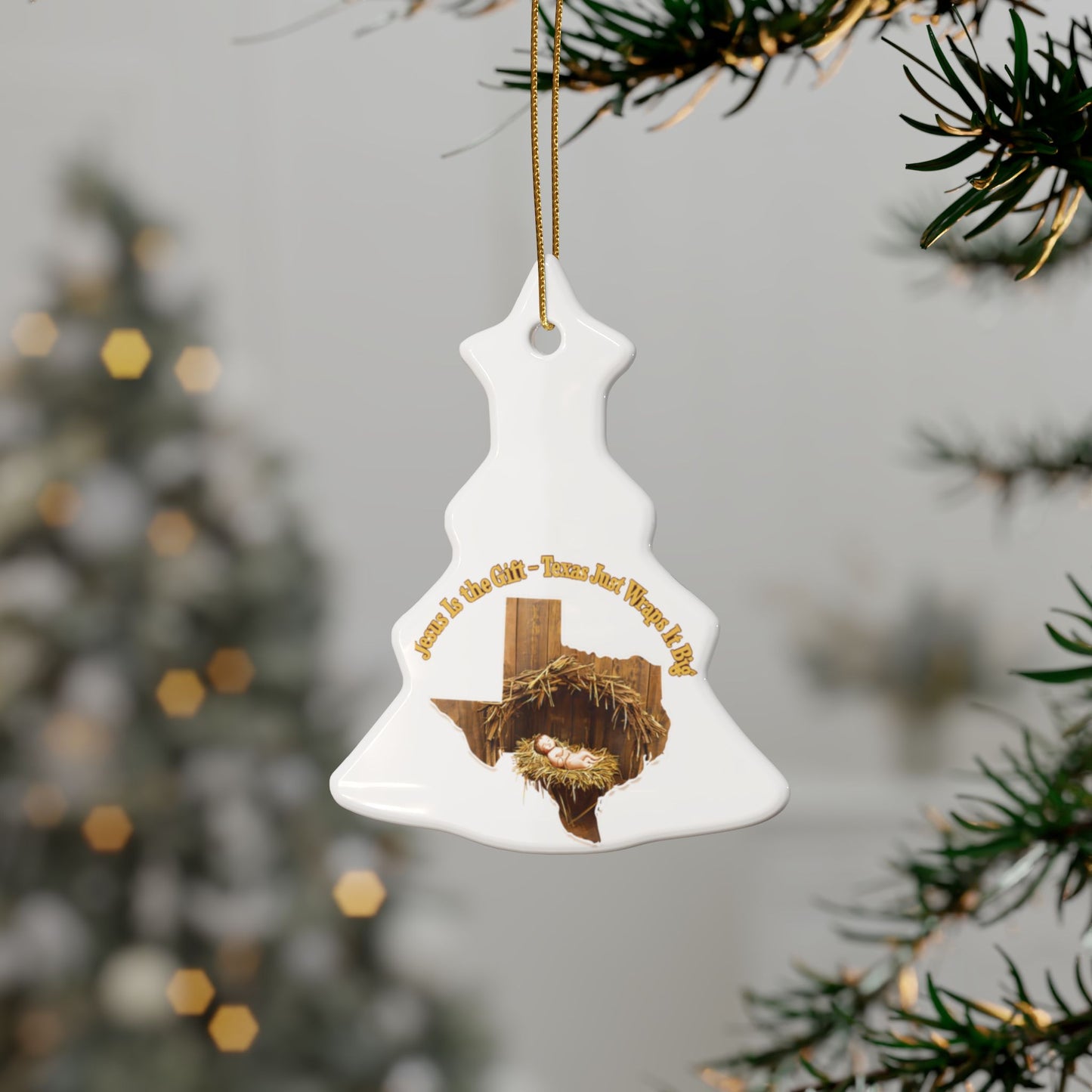 Ceramic Ornaments, Religious Christmas Decor, Jesus is the Gift Texas Ornament, Manger Decoration, Holiday Gift, Home Decor, Christian Gift,