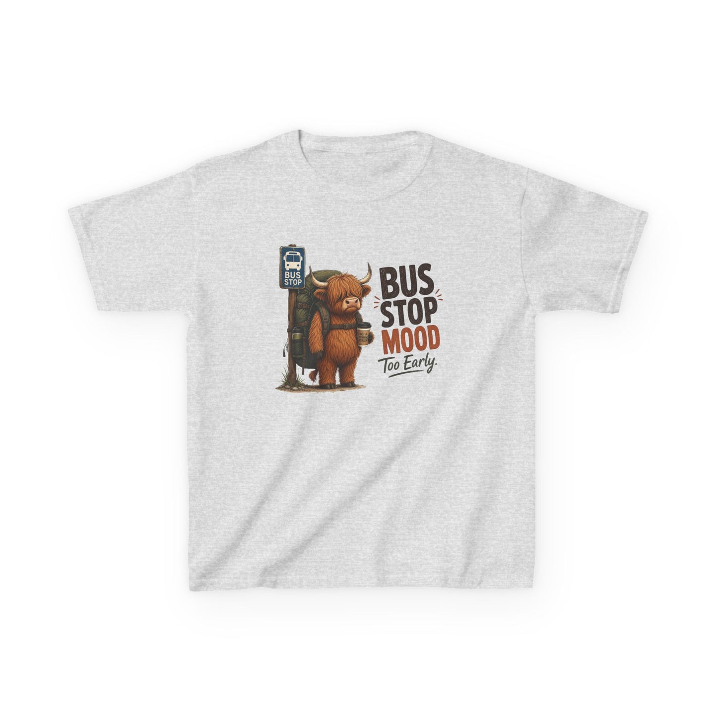 Bus Stop Mood Kids Tee | Grumpy Highland Cow Illustration, Funny Morning Shirt