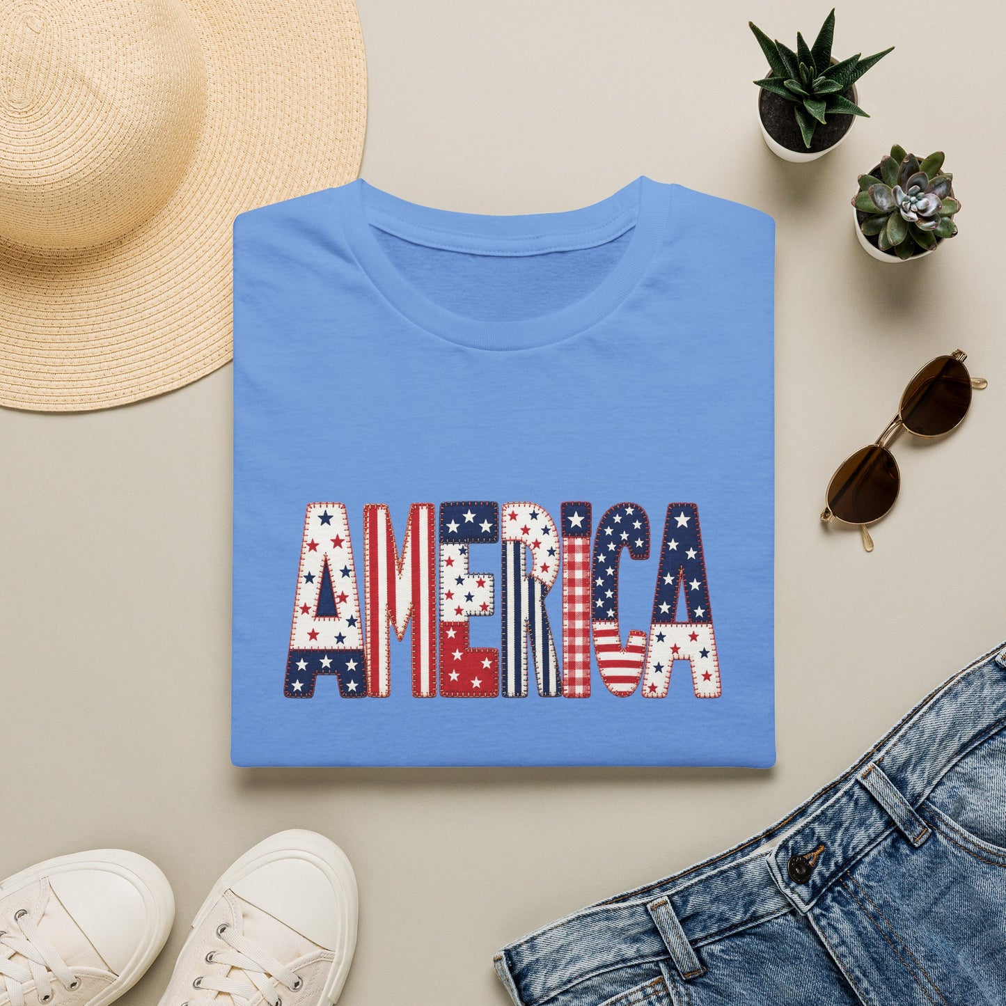 American Flag Patchwork Style Letters T-Shirt | Patriotic Fourth of July Tee