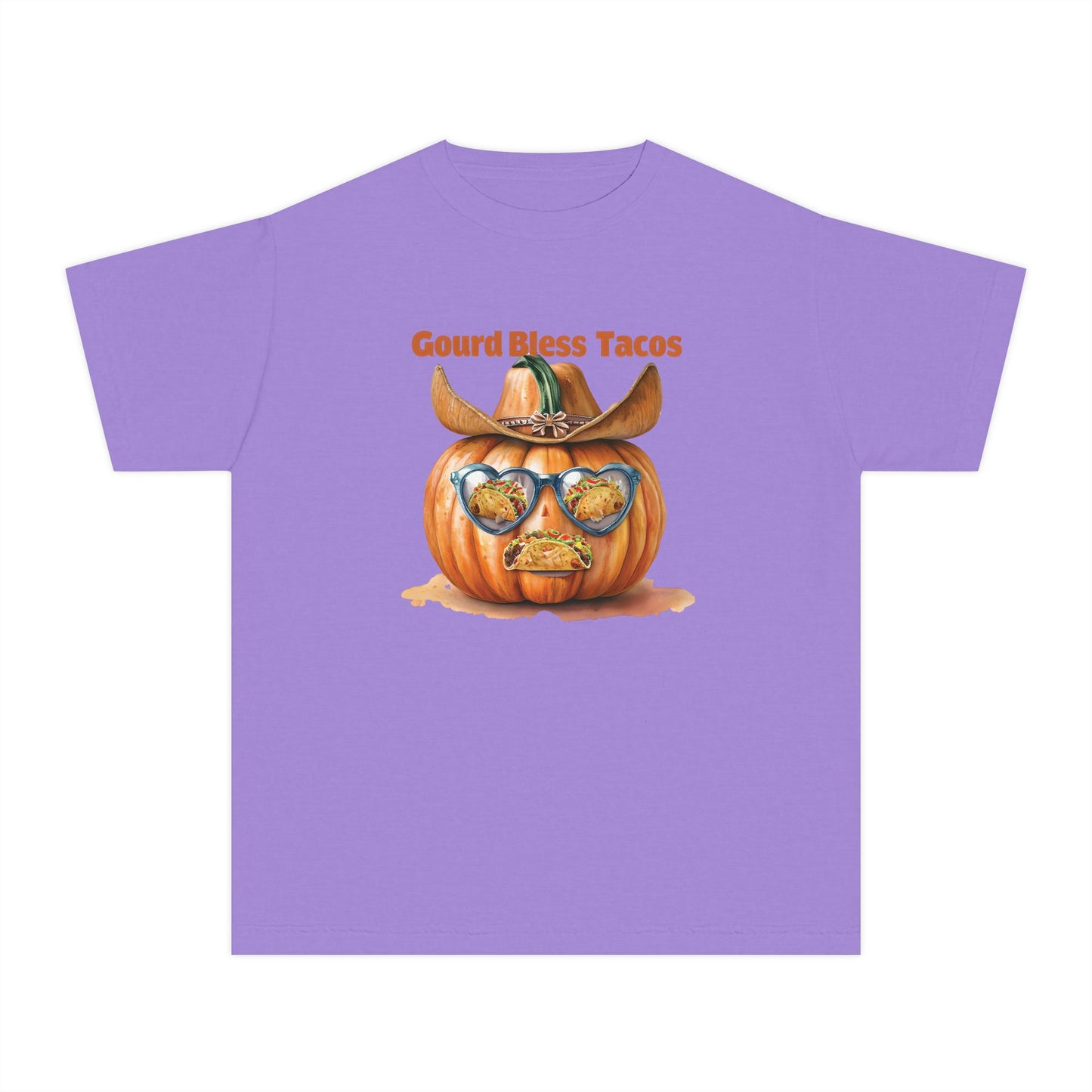 Whimsical Fall Youth Tee - Gourd Bless Tacos, Halloween Shirt, Kids Autumn Apparel, Thanksgiving Humor Top, Funny Seasonal Gift