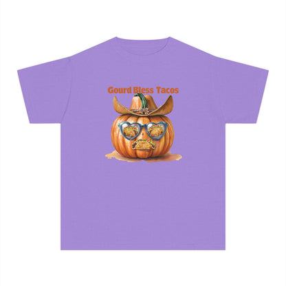 Whimsical Fall Youth Tee - Gourd Bless Tacos, Halloween Shirt, Kids Autumn Apparel, Thanksgiving Humor Top, Funny Seasonal Gift