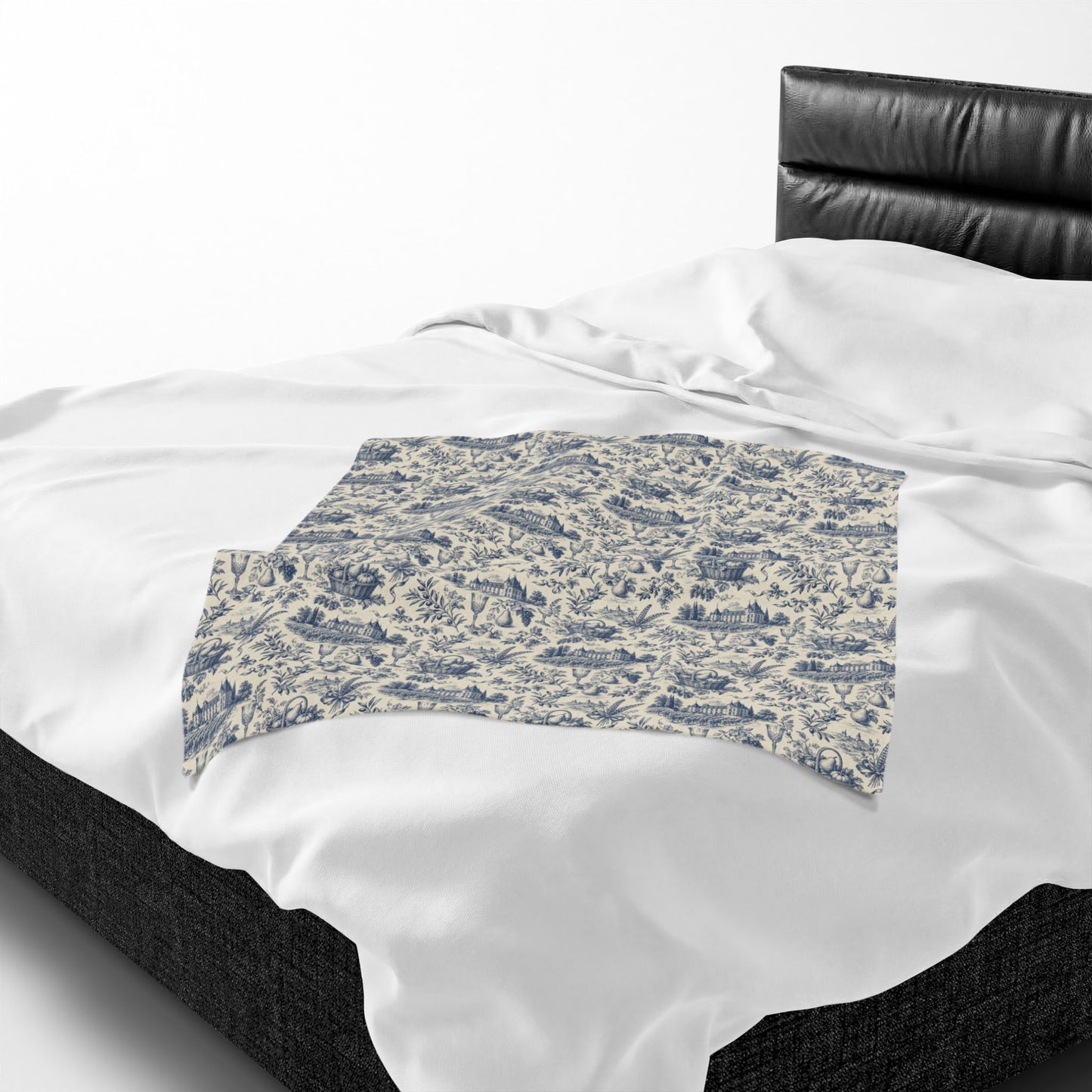 French Harvest Toile Landscape Velveteen Plush Blanket | Vintage Cottage Pattern