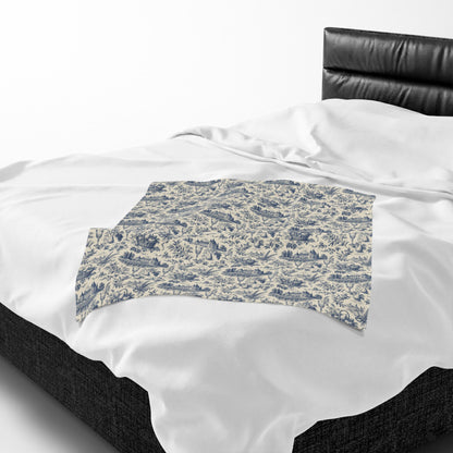 French Harvest Toile Landscape Velveteen Plush Blanket | Vintage Cottage Pattern