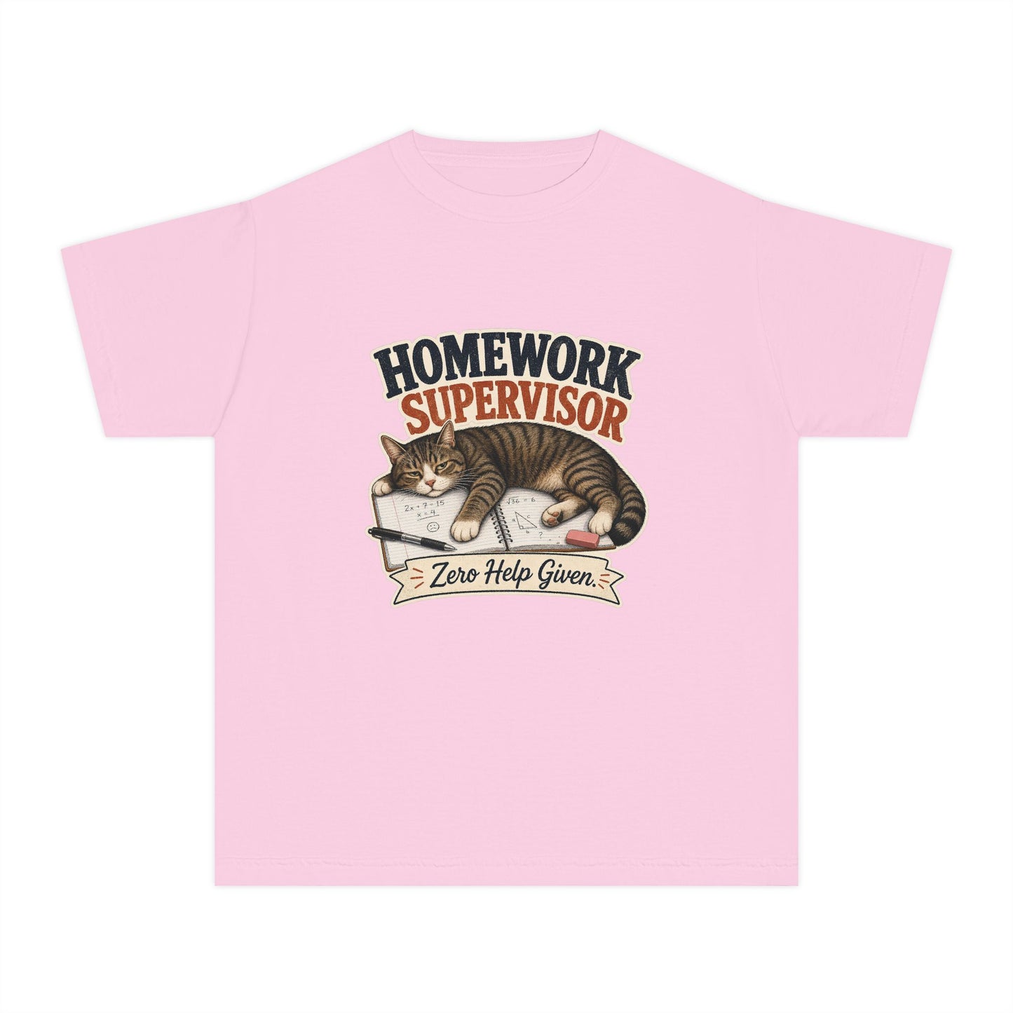 Homework Supervisor Cat Youth Tee | "Zero Help Given" retro kitten design