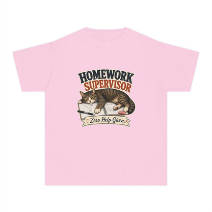 Homework Supervisor Cat Youth Tee | "Zero Help Given" retro kitten design